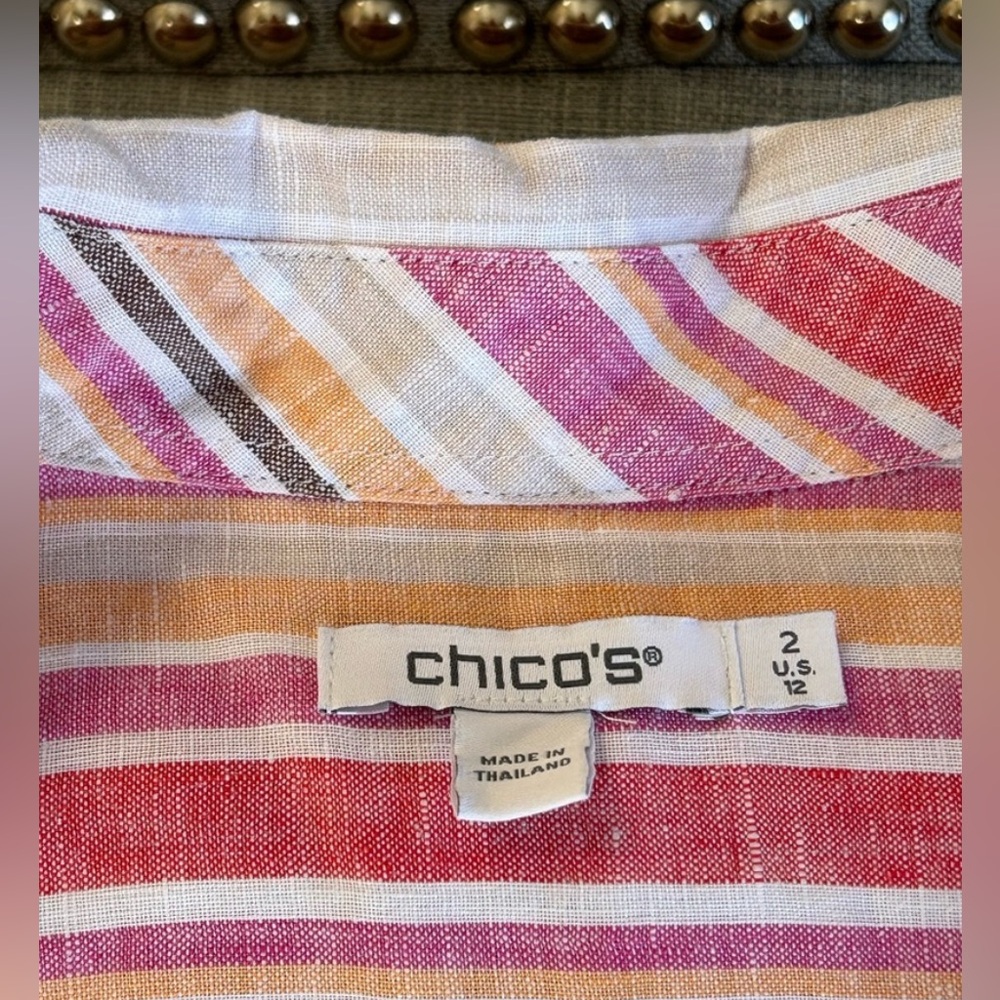 Chicos 100% Linen Striped Button Up Blouse Top Size M - Picture 7 of 11